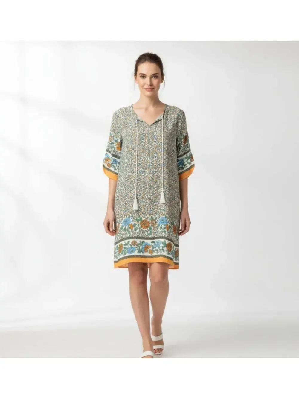 Halife Boho Floral Shift Dress Tunic Multicolor Tassel Size Medium Knee Length - Picture 2 of 6